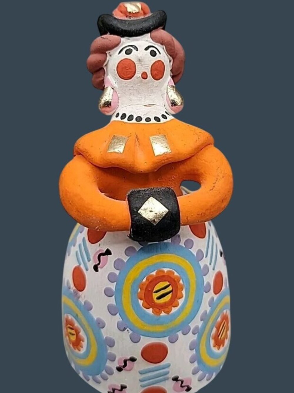 Antique Russian Dymkovo Clay Figurine Lady Barynya Hand Painted Folk Art Toy 4"